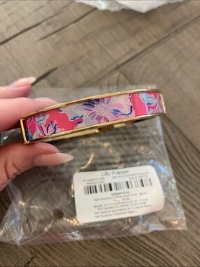 Lilly Pulitzer Pink Floral Enamel Bracelet with Gold Trim